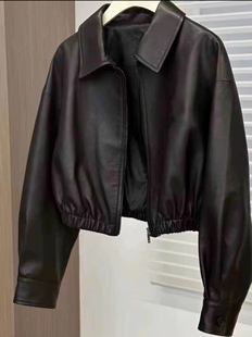 欧货绵羊皮2025秋冬新款 小众设计感黑色方领减龄蛋白皮衣女夹克