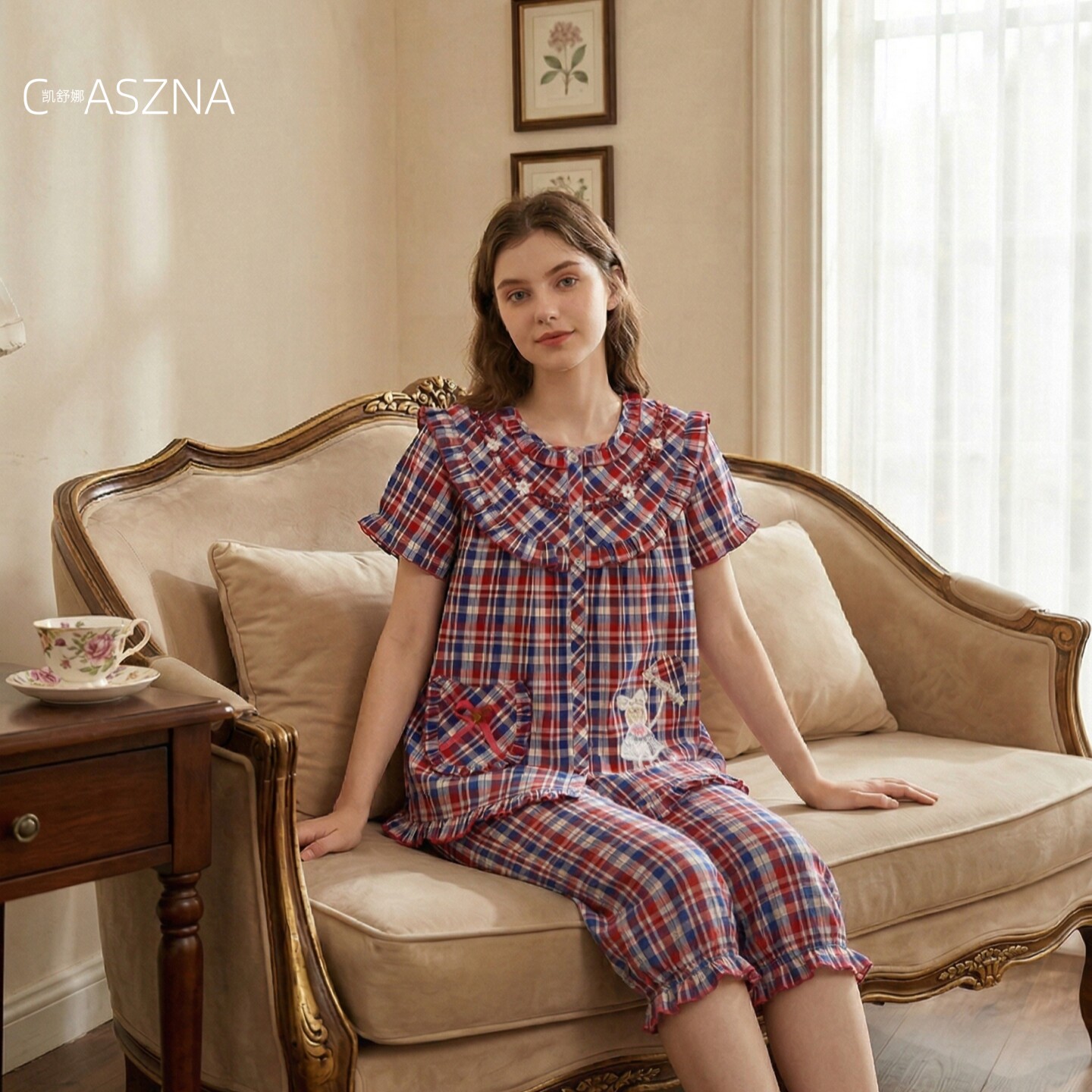 凯舒娜100%纯棉睡衣套装夏季女人套装家居服格子舒适亲肤短袖短裤