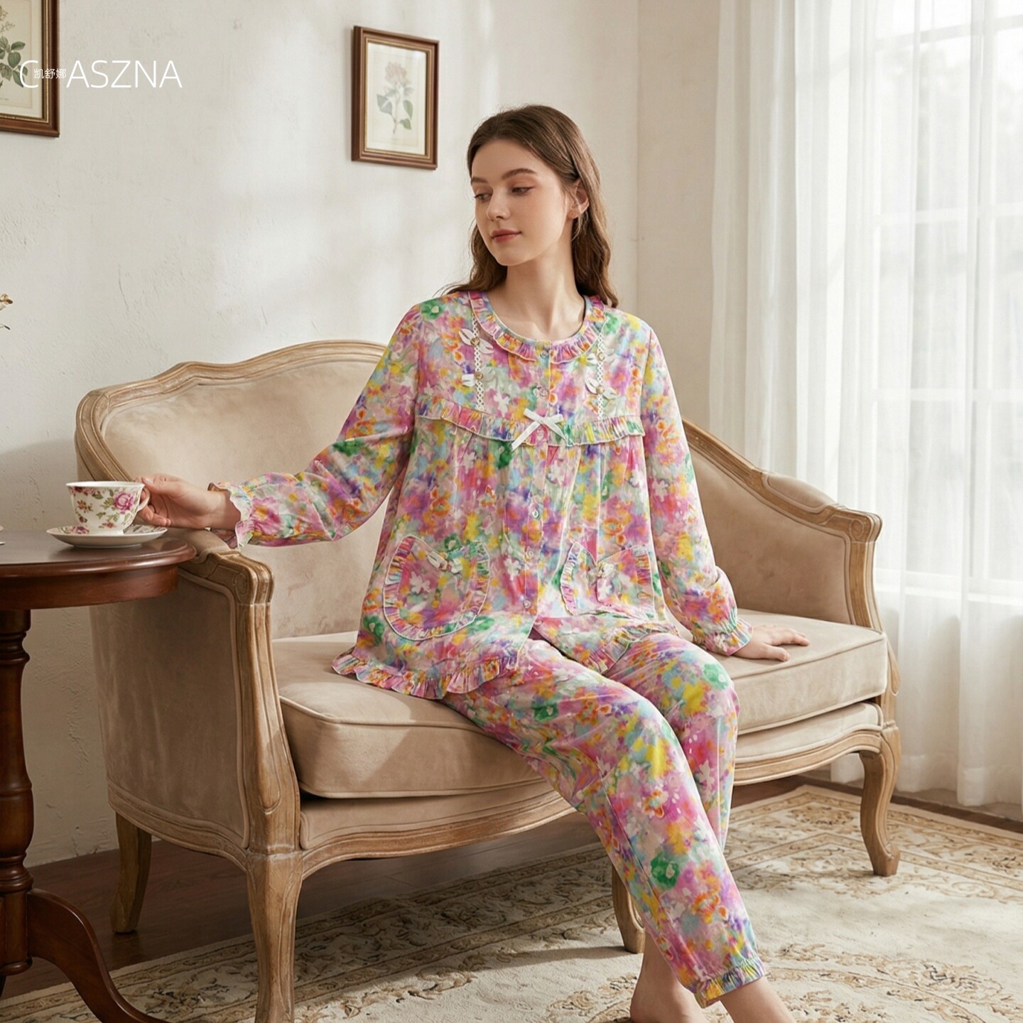 凯舒娜睡衣棉新款冬季磨毛女碎花厚款美对襟家居服红色长袖长裤