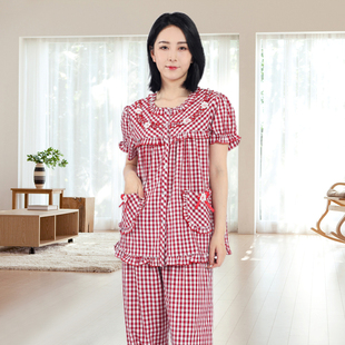 凯舒娜100%纯棉女士套装 家居服格子亲肤经典 格子舒适亲肤短袖 长裤