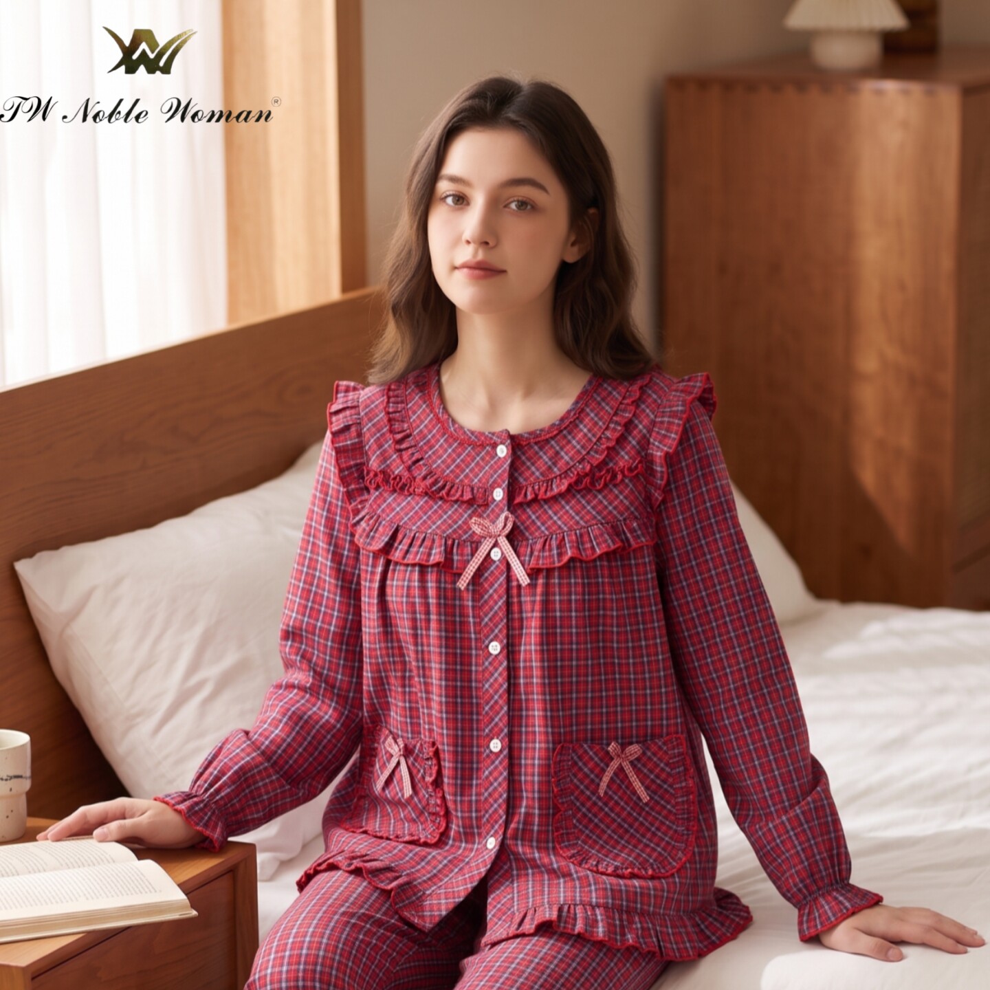 贵夫人纯棉红格女睡衣家居服套装