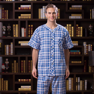 香港莉安娜睡衣夏季男装纯棉套装短袖短裤对襟蓝色格子印花家居服