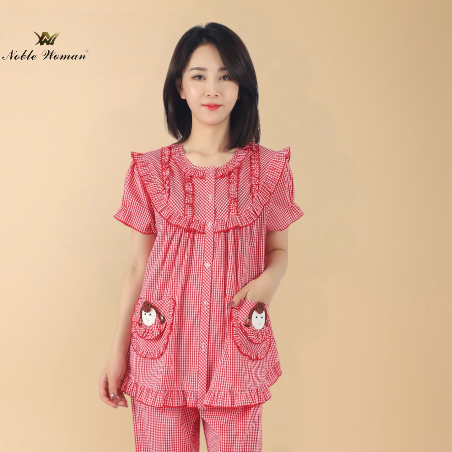 贵夫人红色格子套装纯棉梭织大码春夏圆领印花甜美对襟款短袖长裤