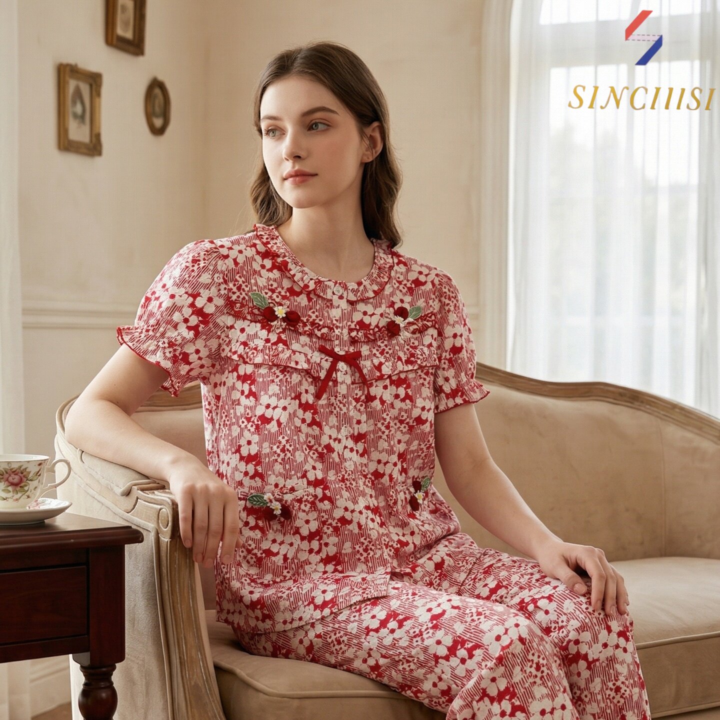 欣琦丝100%纯棉夏季女短袖背心睡衣薄款碎花圆领长裤家居服套装
