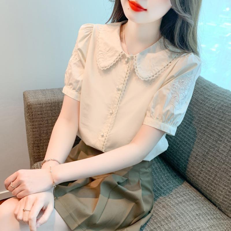 香港TIMO夏季刺绣花边娃娃领短袖雪纺衬衫女设计感小众漂亮上衣