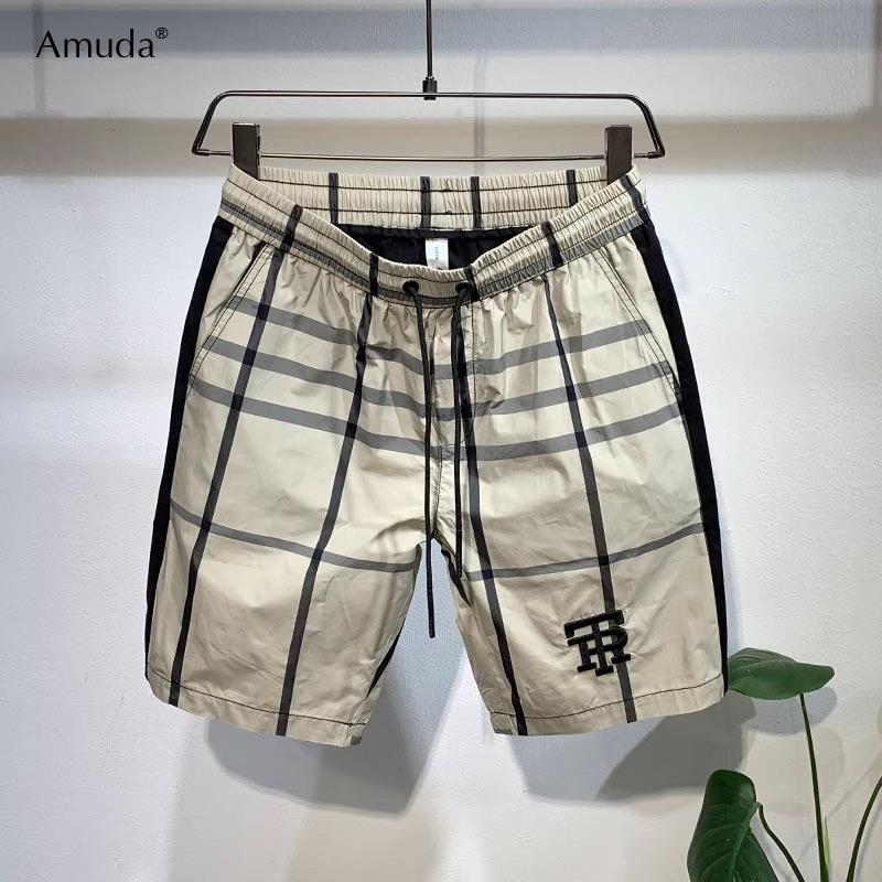 高端刺绣休闲短裤男士夏季薄款2024新款男裤格子沙滩五分裤子男款