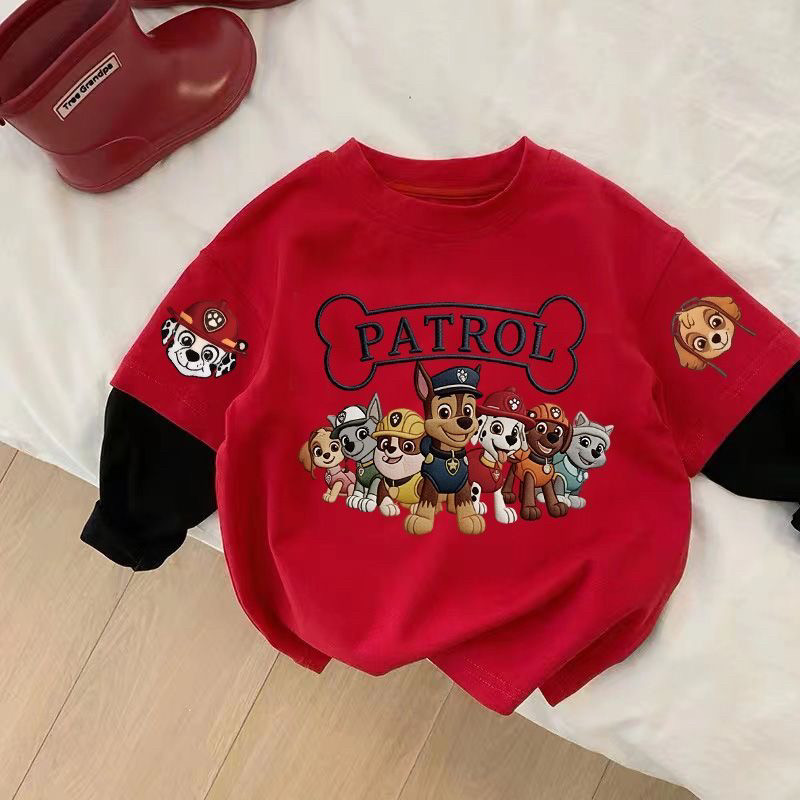 儿童汪汪队衣服春秋装男童长袖T恤纯棉红色假两件宝宝打底上衣潮t