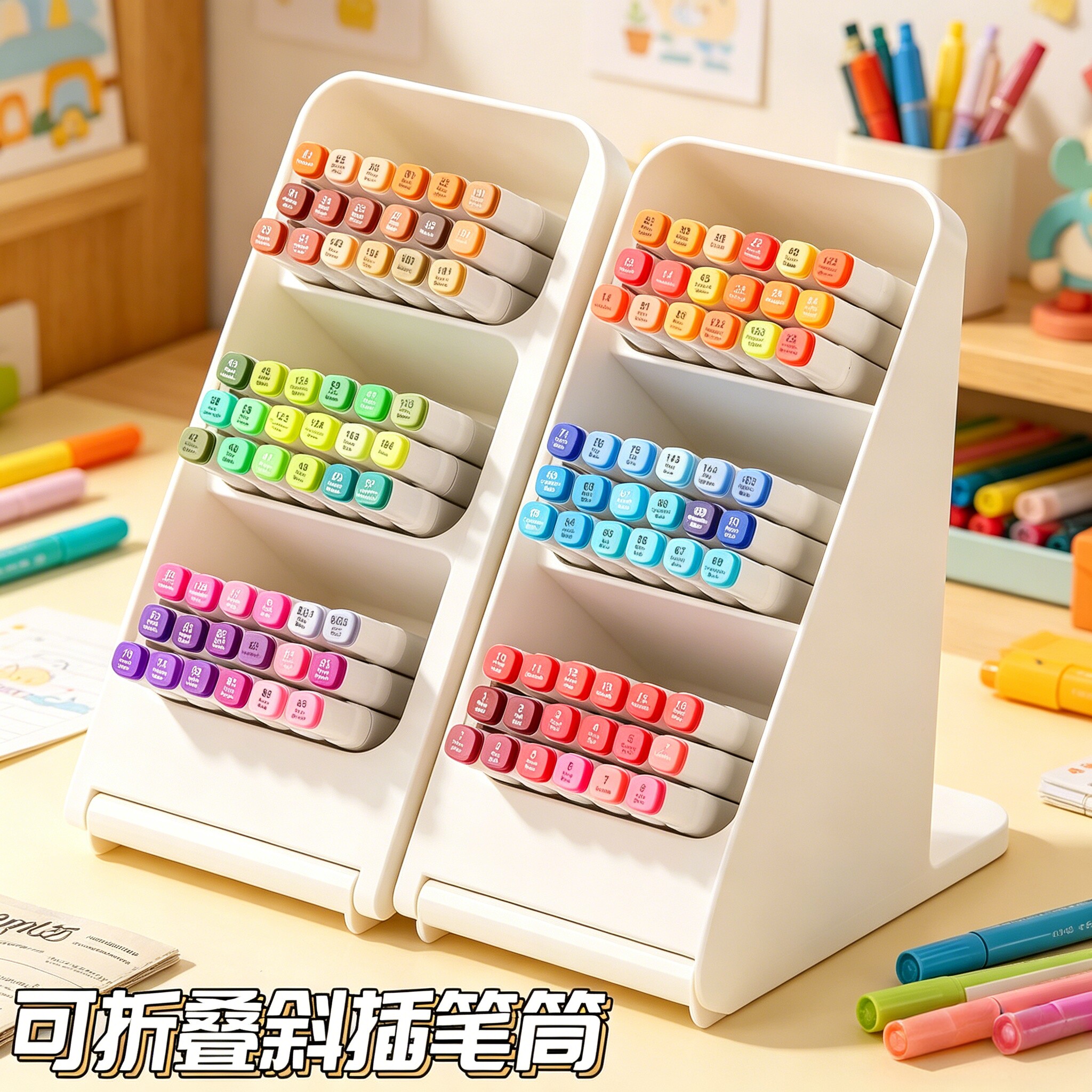 折叠斜插笔筒分格收纳盒学生绘画分类画笔彩笔蜡笔分隔笔筒储物盒