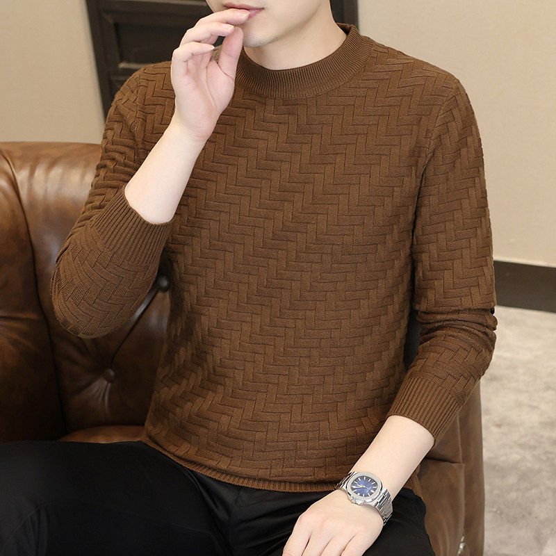 高品质男士格子毛衣秋冬季圆领修身商务休闲男装纯色针织打底衫潮