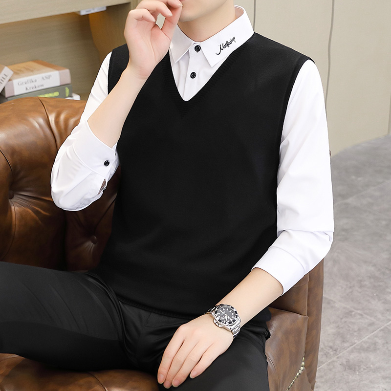 秋冬季假两件毛衣男士衬衫领针织马甲内搭时尚潮流带领打底衫线衣