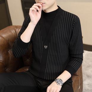 2025秋冬新款假两件毛衣男士潮流高端休闲条纹针织衫男打底毛线衣