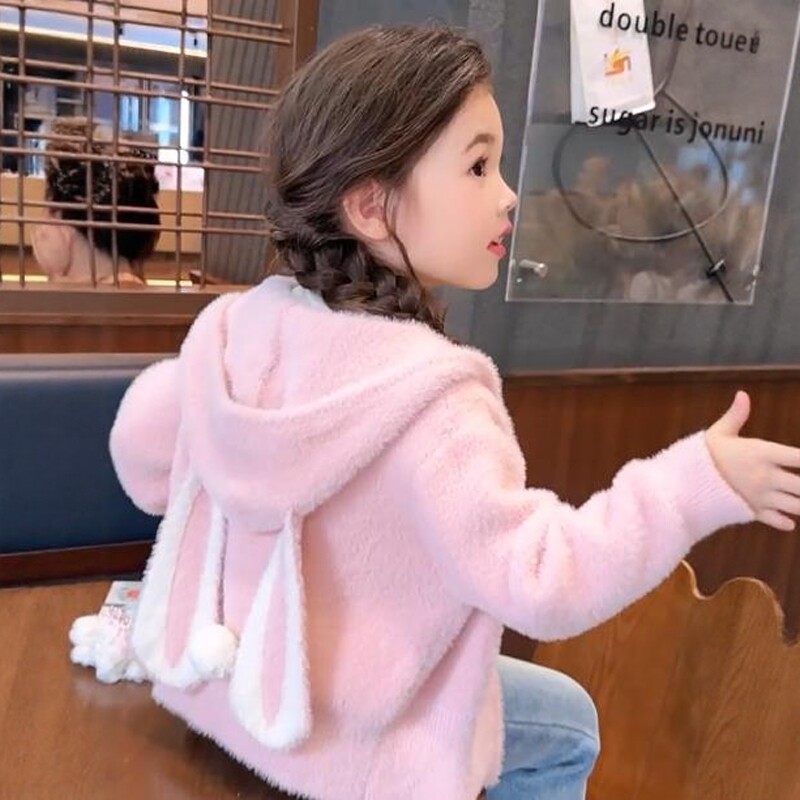女童甜美软糯水貂绒冬装兔耳毛衣秋冬季2025款儿童可爱针织衫上衣