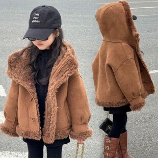 女童羊羔毛皮毛一体皮草外套加厚连帽2025新款夹克两面穿洋气冬装