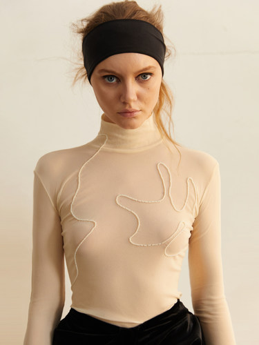 原创透视手工珍珠弹力网眼T恤