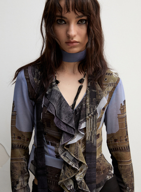 TMS STUDIO 浪漫透视印花衬衫 性感荷叶领复古长袖上衣