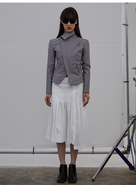 TMSstudio 酷感利落设计不规则秋翻领拉链直筒PU水洗皮衣夹克外套