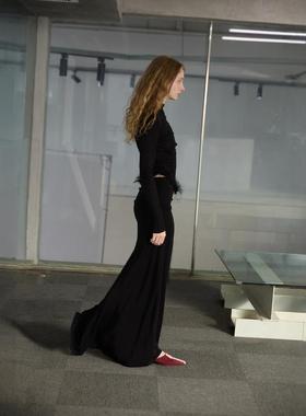 TMSstudio 秋冬弹力可调节腰真丝麻黑色高级感包臀鱼尾半身裙