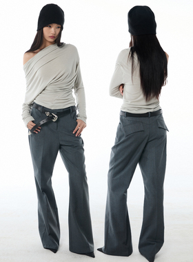 TMS STUDIO 春夏新款复古显瘦微喇叭女百搭休闲阔腿西装长裤