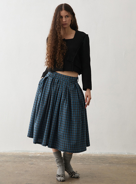 TMS STUDIO 中长伞裙自然腰格子插袋秋冬灰百褶裙a摆半身裙