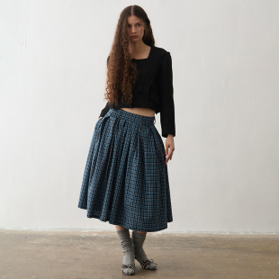 TMS STUDIO 中长伞裙自然腰格子插袋秋冬灰百褶裙a摆半身裙