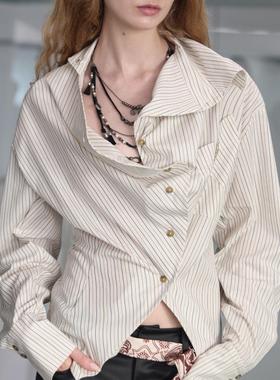 TMS STUDIO立体弯曲不规则设计收腰条纹长袖衬衣春夏白衬衫上衣