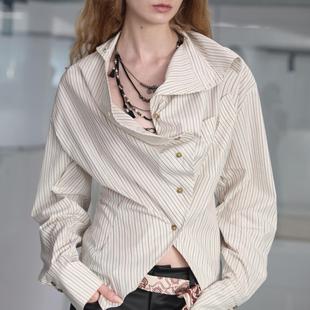 TMS STUDIO立体弯曲不规则设计收腰条纹长袖衬衣春夏白衬衫上衣
