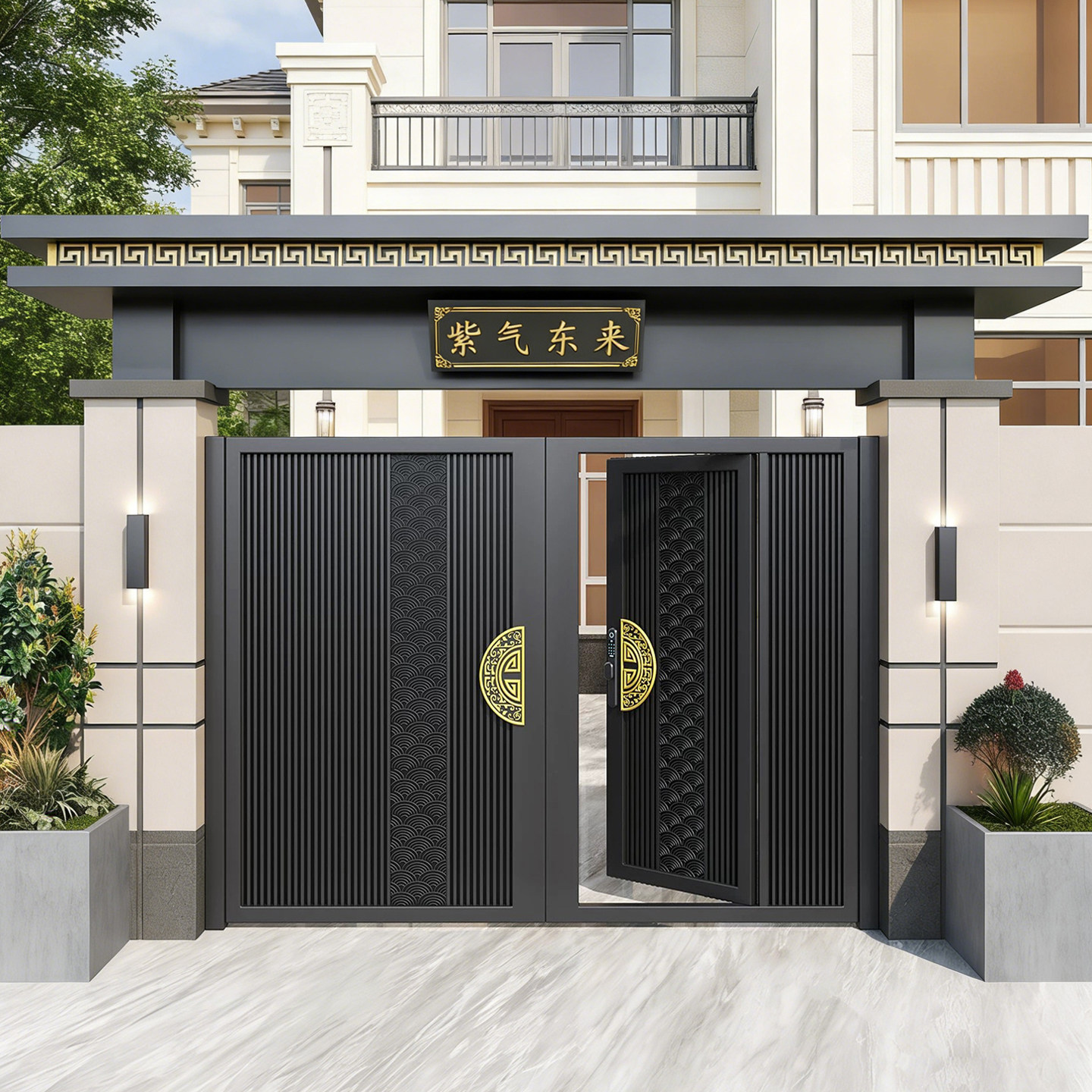 铝合金别墅庭院大门入户外铁艺双开门楼小区不锈钢围墙农村自建房