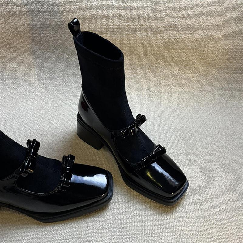 澜柜版~甜酷蝴蝶结漆皮弹力瘦瘦靴女方头显瘦粗跟黑色真皮袜子靴