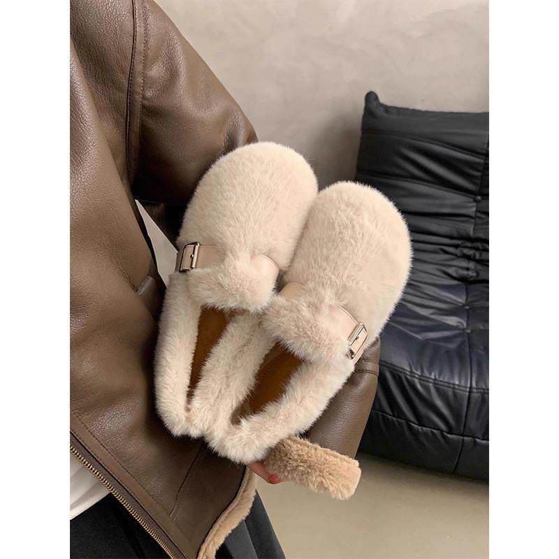 法式晚晚风皮带扣毛毛鞋女2026年新款百搭舒适一脚蹬平底豆豆棉鞋,女鞋,浅口单鞋,淘宝优惠券,粉丝福利购,淘宝优惠卷