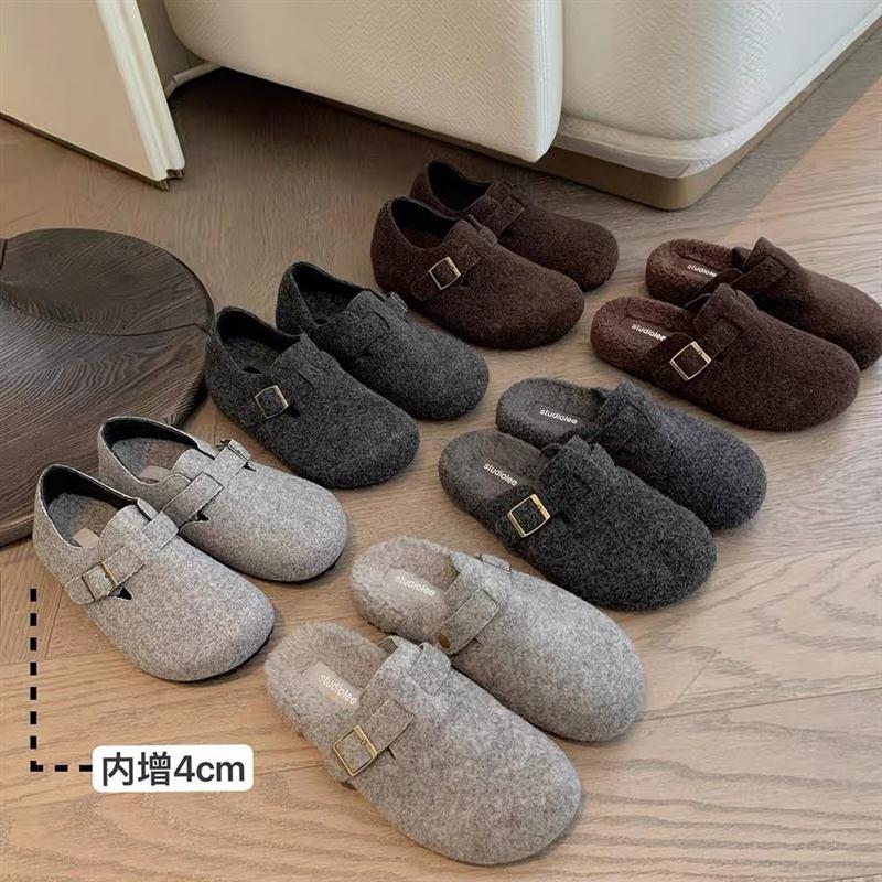 葡萄妈studiolee 保暖加绒内增高毛毛半拖外穿厚底勃肯女鞋秋冬款