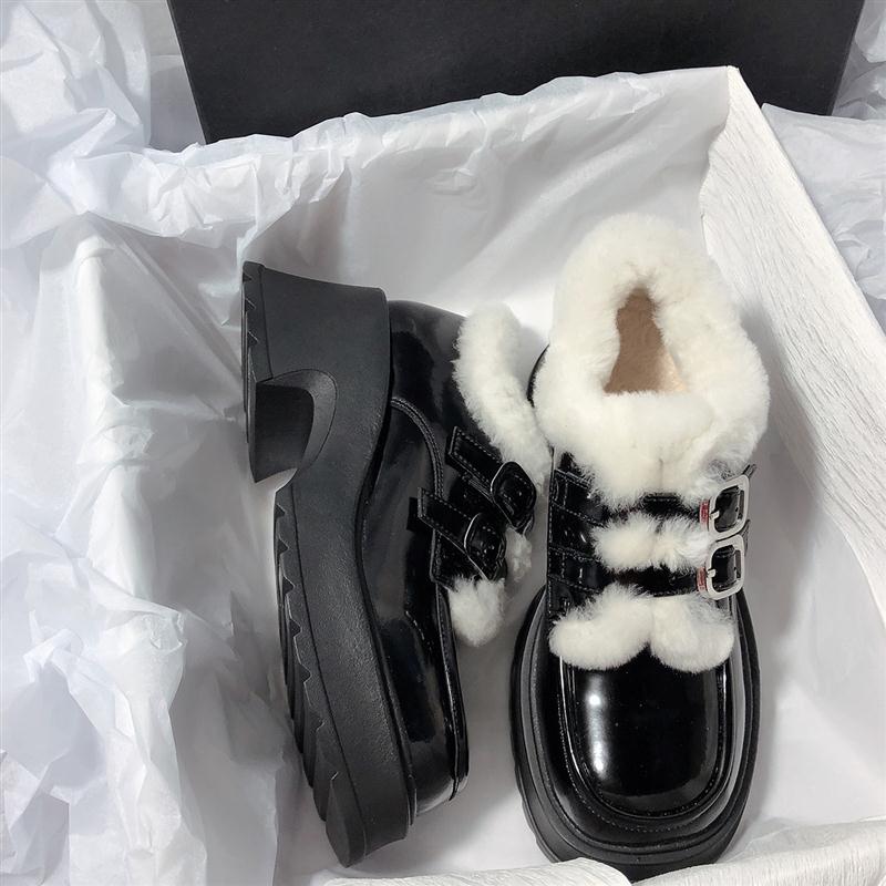 澜柜 2025新款厚底加绒毛毛保暖雪地靴松糕底时装方头休闲单鞋女