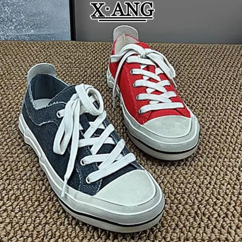 做旧复古风女鞋低帮系带帆布鞋女款圆头休闲运动鞋板鞋脏脏鞋子女