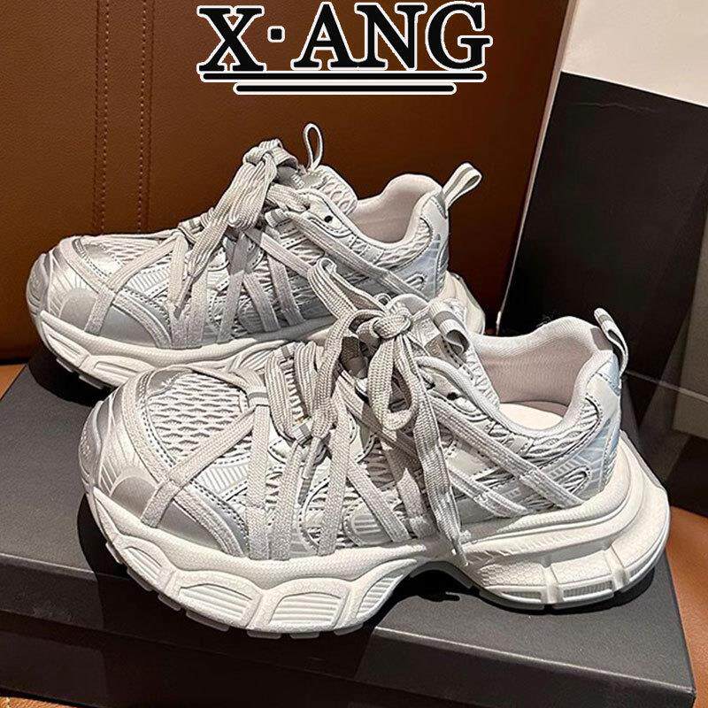 巴黎老爹鞋子女真皮网面透气运动女鞋2026春夏新款厚底增高休闲鞋