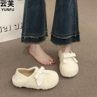 两穿勃肯毛毛鞋女2026年冬季新款蝴蝶结内增高棉鞋白色加绒雪地靴