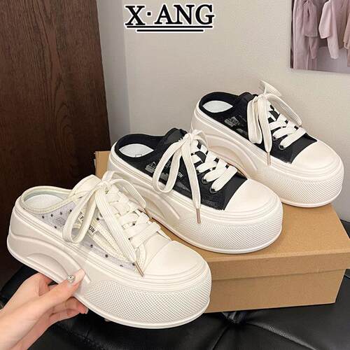 波点网纱包头半拖鞋女夏季外穿厚底增高一脚蹬无后跟小白鞋板鞋子
