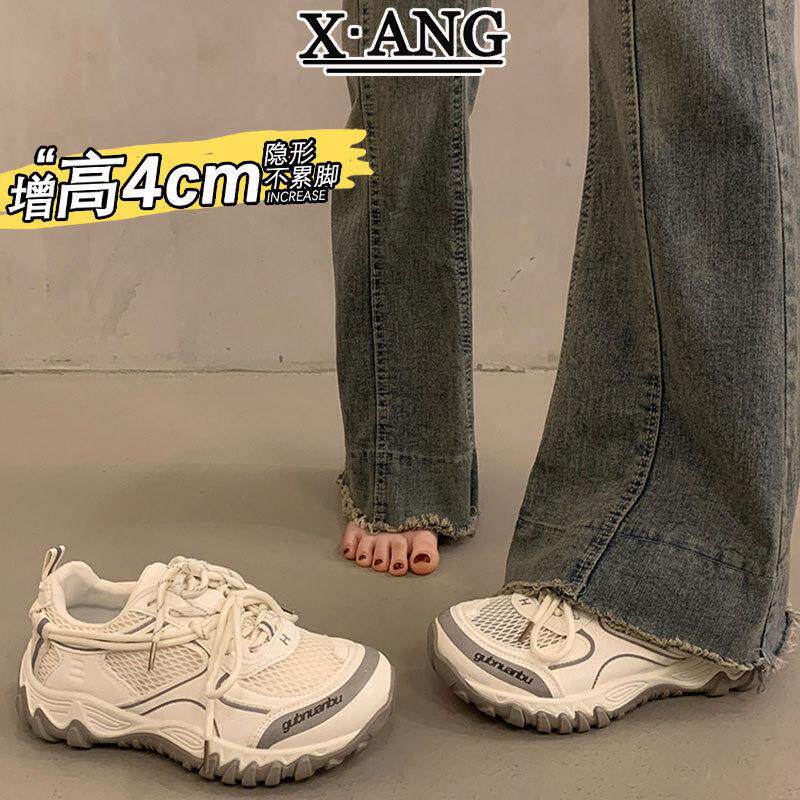 夏天透气网面鞋子女鞋系带显脚小老爹鞋女款阿甘鞋厚底休闲运动鞋