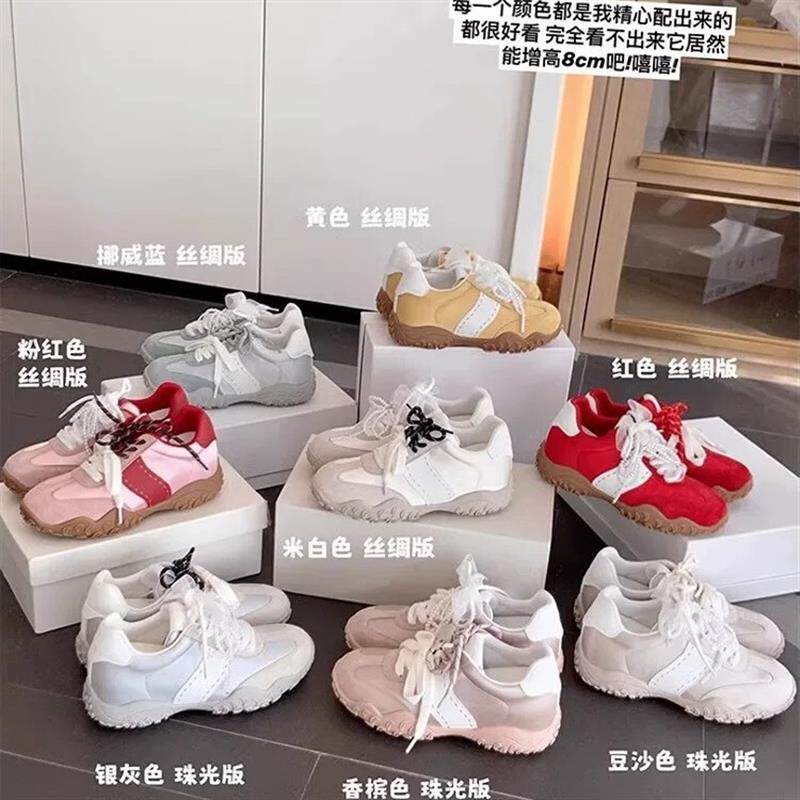 7cm版~内增高丝光月牙珍珠蕾丝鞋带运动休闲鞋女德训鞋