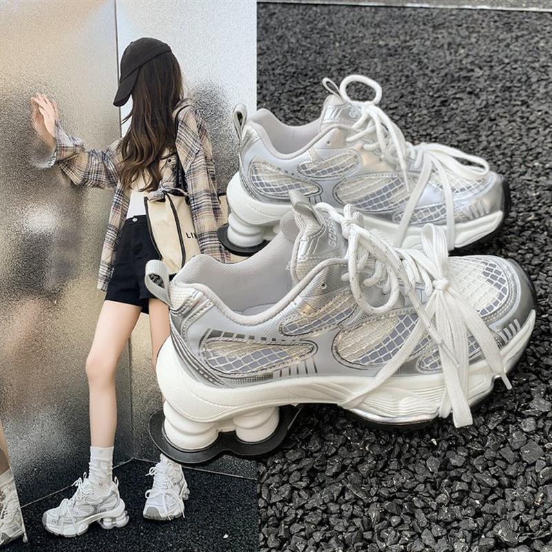 真皮厚底老爹鞋女款2025春季新款女鞋网面透气休闲运动鞋舒适百搭