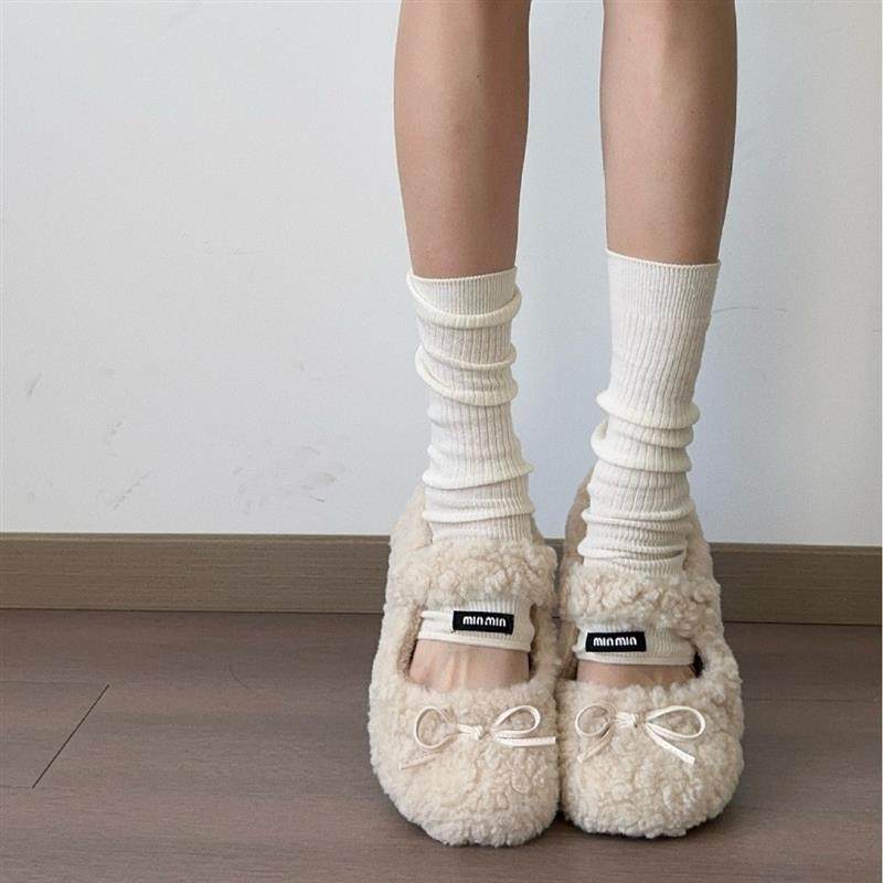 蝴蝶结白色玛丽珍平底毛毛鞋女秋冬外穿2026新款软底保暖豆豆棉鞋,居家布艺,居家棉拖/棉鞋,淘宝优惠券,粉丝福利购,淘宝优惠卷