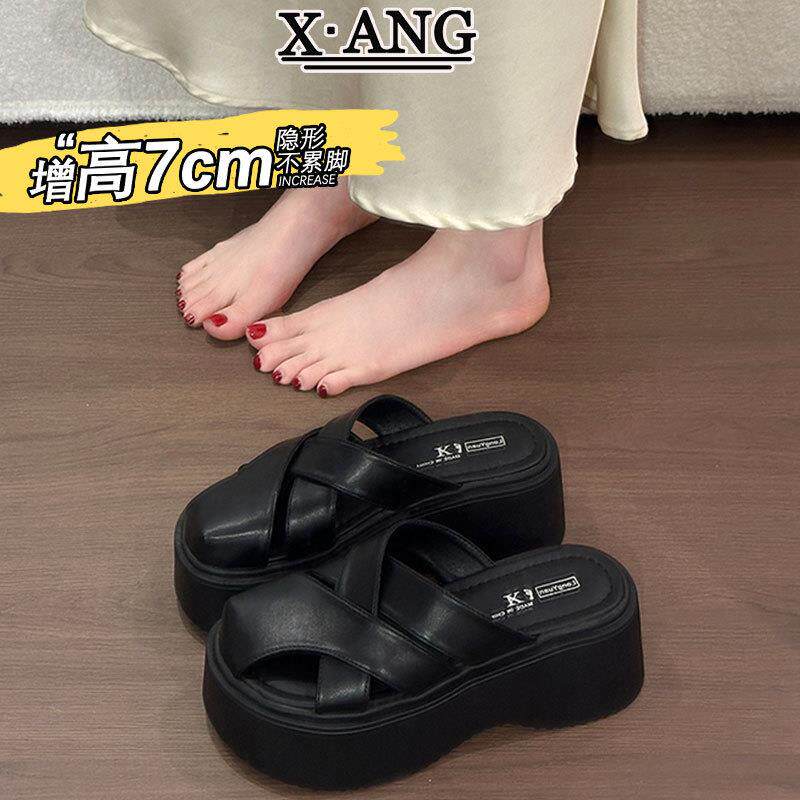 真皮包头半拖鞋女夏季外穿厚底增高小个子凉鞋配裙子一脚蹬凉拖鞋