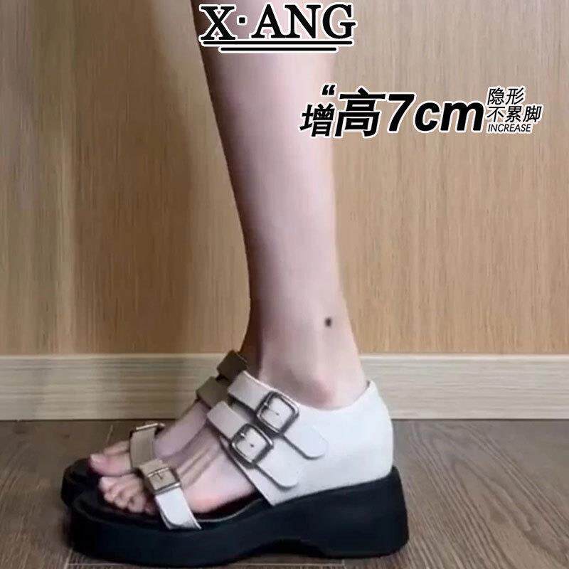 7cm厚底内增高凉鞋女款2026新款夏季配裙子不累脚坡跟凉鞋罗马鞋