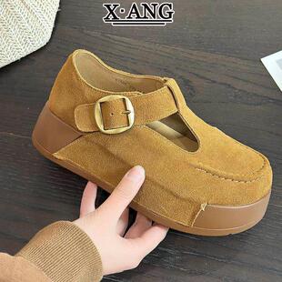 牛皮版全包勃肯鞋6cm增高厚底女鞋子百搭软底不累脚休闲圆头单鞋