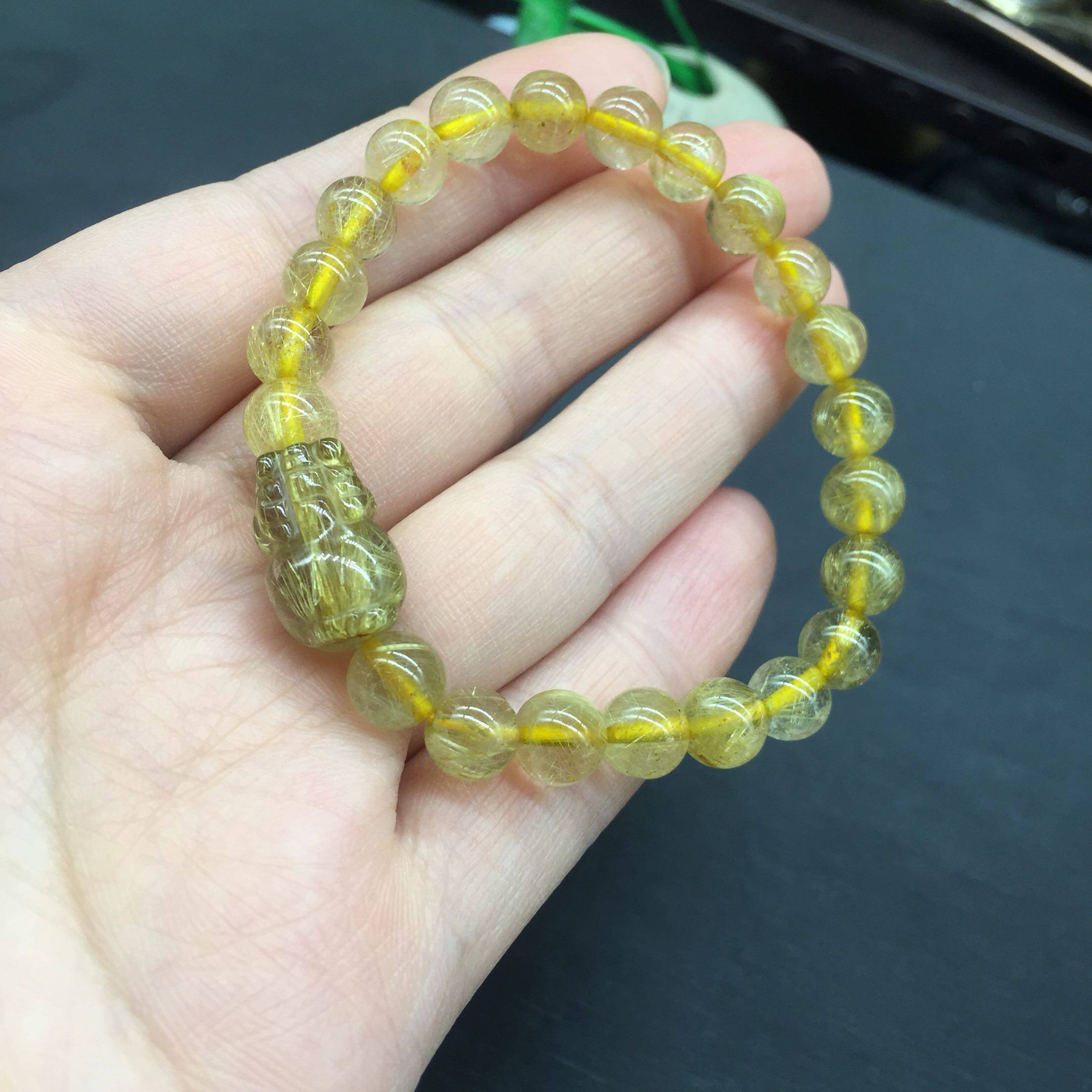 天然水晶金发晶小貔貅手链 女款饰品 串珠发晶圆珠手串