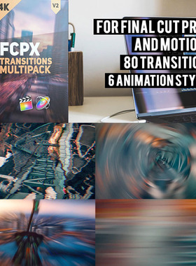 FCPX插件90个摄像机推拉摇移甩缩放炫光故障动态转场预设V2