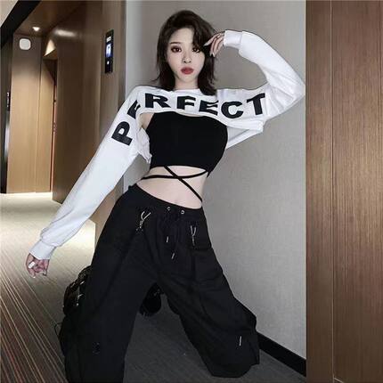 爵士风格女装辣妹女团风字母罩衫搭配绑带短款背心上衣跳舞两件套