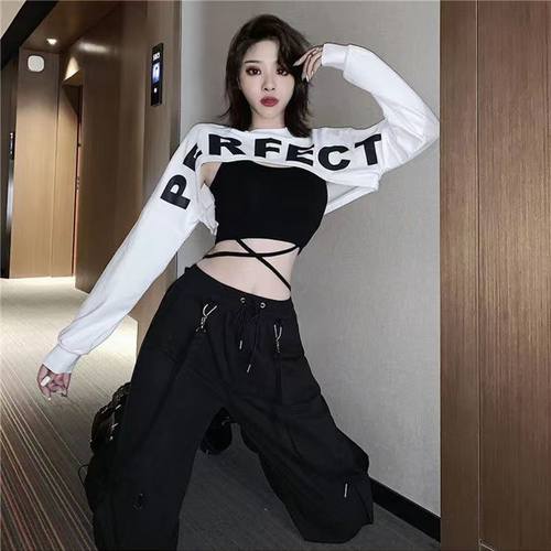爵士风格女装辣妹女团风字母罩衫搭配绑带短款背心上衣跳舞两件套