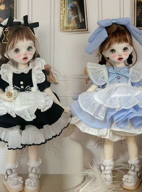6分bjd娃衣经典女仆装连衣裙6件套黑白色双子女仆CP装30cm胖体
