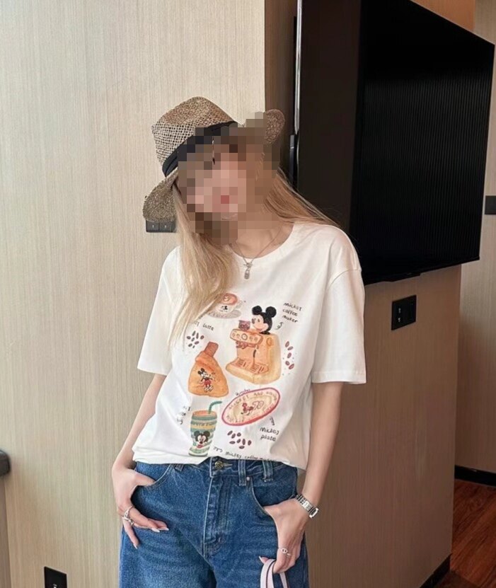 2025早春新款卡通米奇印花刺绣圆领套头显瘦减龄短袖T恤女