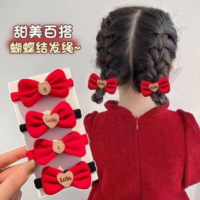 新款儿童发绳红色蝴蝶结橡皮筋女童丸子头宝宝喜庆国风头绳圈发饰