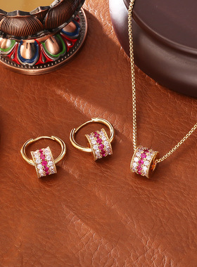 爆款路路通三排满钻项链高级感时尚小蛮腰红锆石耳环女轻奢锁骨链